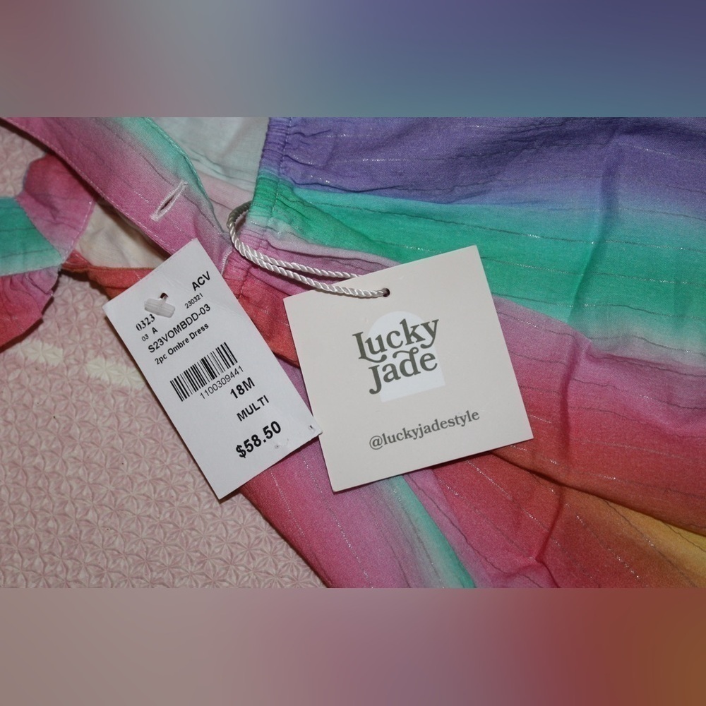 Lucky Jade Dress &Bloomer Baby Girl 18 month BRAND New Horizontal Rainbow Stripe - Picture 3 of 4